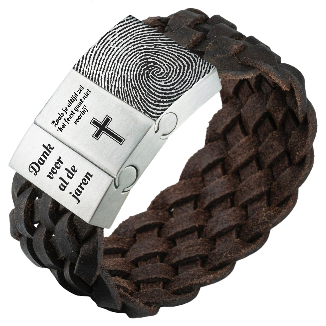 Vingerafdruk op je armband - Zwart of bruin gevlochten leren Armband